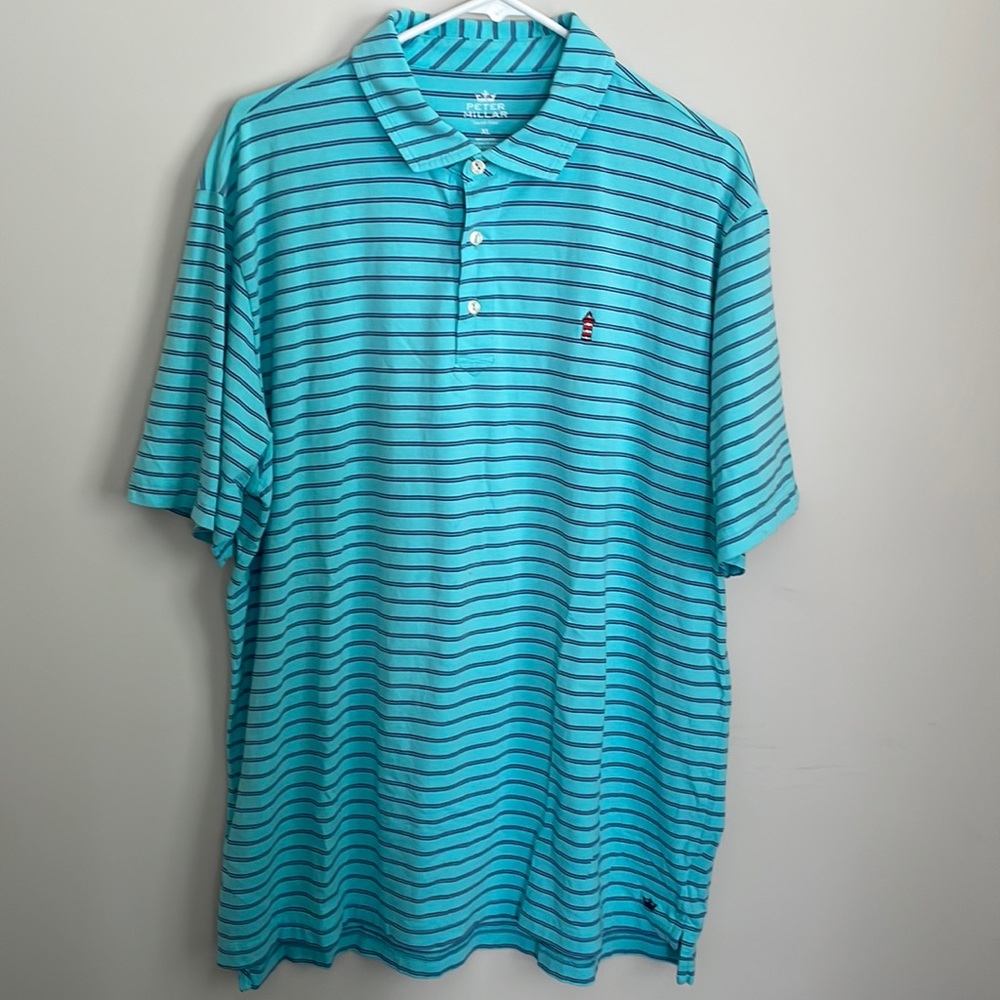 Peter Millar “Seaside Wash” 3 Button Short sleeve- Blue with Navy pin stripe-XL
